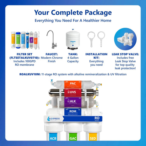 Under Sink 11-Stage Alkaline Reverse Osmosis Water Filtration System With UV Light, 100 GPD, NSF Certified package components