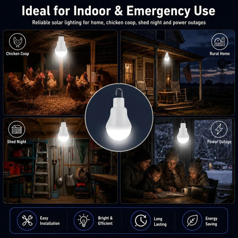 Solar LED Light Bulbs For Indoor Home Chicken Coop And Outdoor Use Waterproof Rechargeable Lanterns For Camping Tent Shed Emergency Lighting Nighttime Power Long Battery 2 Pack displayed in various settings