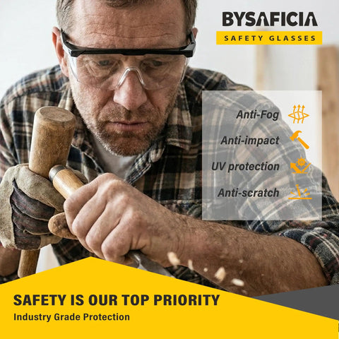 Built Like A Tank 12 Pack Safety Glasses With Anti Fog Coating And UV Protection Scratch Resistant Polycarbonate Lenses All Day Adjustable Fit For Rough Crews Outdoors worn by a man using a hammer.