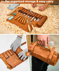 Deluxe Wood Carving Kit With 25 Piece Tool Set And Leather Storage Bag displayed open with chisels and closed with handle, includes gloves.
