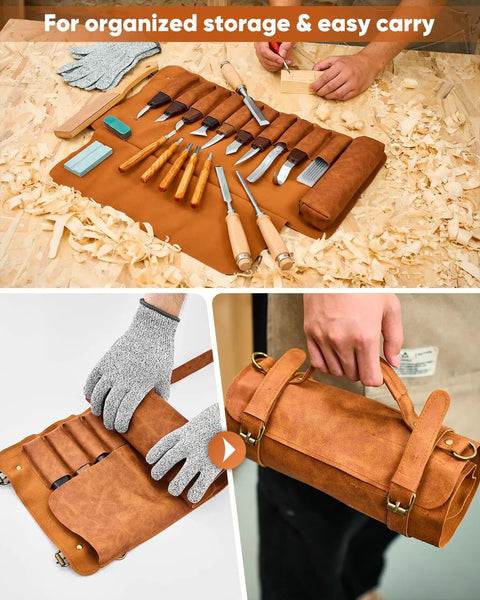 Deluxe Wood Carving Kit With 25 Piece Tool Set And Leather Storage Bag displayed open with chisels and closed with handle, includes gloves.
