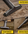 Powerful Five Point Five Peak HP Wet Dry Vacuum with Twelve Gallon Tank, shown with gulper, floor brush, and crevice nozzle attachments.