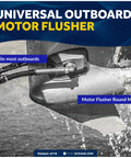 Outboard Motor Flusher And Gear Oil Pump Set With Dual Feed Rectangular Muffs, close-up view attached to outboard engine