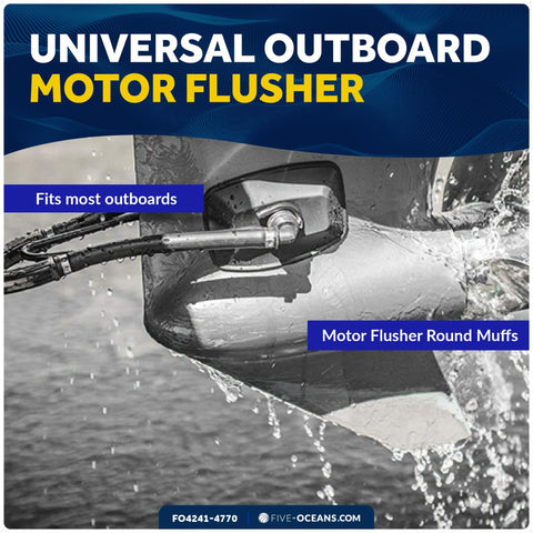 Outboard Motor Flusher And Gear Oil Pump Set With Dual Feed Rectangular Muffs, close-up view attached to outboard engine
