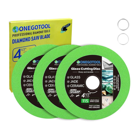 Front view of 4.5 Inch Diamond Cutting Disc For Angle Grinder Glass Ceramic Jade Crystal And Wine Bottles 3 Pack Pro Grade Heavy Duty Diamond Blade For Precise Clean Cuts On Glass Ceramic Stone And Bottles