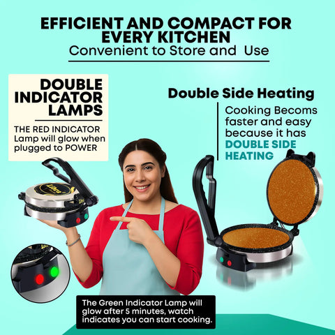 Libra Electric Roti Maker Machine With Non Stick 8.5 Inch Plates Auto Temp Control And Durable Handle showcasing double side heating and indicator lamps.
