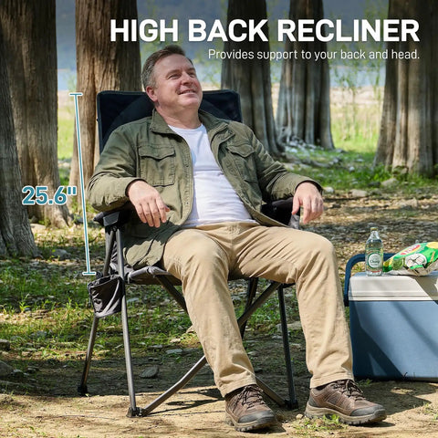 Man relaxing on Lightweight Folding Recliner Chair For Adults With 4 Position Adjustable Back Portable Lawn Chair in wooded area.