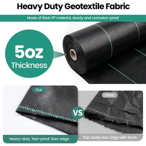 Heavy Duty Weed Barrier Landscape Fabric 13x65 Ft 5 Oz Geotextile Under Gravel Weed Blocker close-up showing fabric thickness and texture.