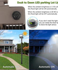 Two Pack 100W LED Parking Lot Lights With Dusk To Dawn Photocell showing automatic on and off functions