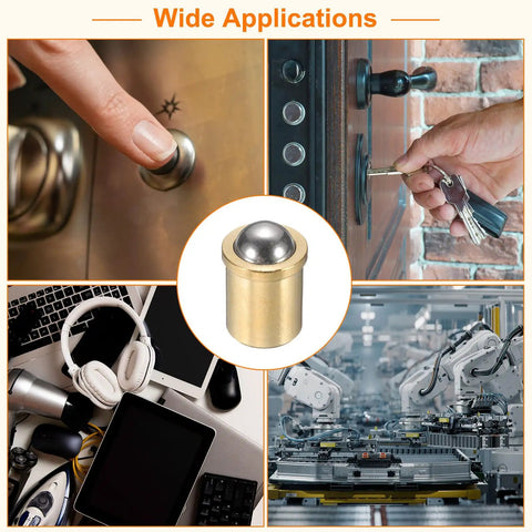 10 Pack 304 Stainless Steel Ball Plungers With 8mm Spring Loaded Balls And 70N Push Force No Fuss Cabinet Drawer Stops shown in various applications.