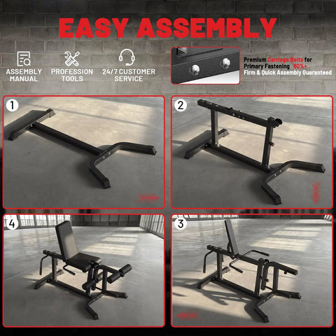 Easy assembly steps for 2 In 1 Leg Extension And Curl Machine for Home Gym, showing frame and bench setup in sequence.