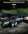 Bright 1200 Lumen Rechargeable Headlamp With Dual LEDs on wet rock, highlighting waterproof design, IPX8 rating visible on strap.