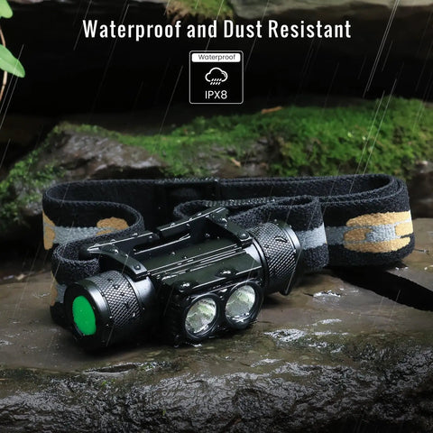 Bright 1200 Lumen Rechargeable Headlamp With Dual LEDs on wet rock, highlighting waterproof design, IPX8 rating visible on strap.
