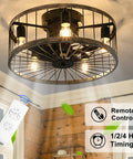 20 Inch Bladeless Caged Ceiling Fan With Lights Remote Control Low Profile Farmhouse Style Enclosed Rustic Wood Edge Finish