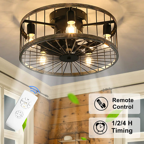 20 Inch Bladeless Caged Ceiling Fan With Lights Remote Control Low Profile Farmhouse Style Enclosed Rustic Wood Edge Finish