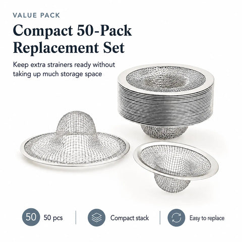 Top Shelf 50 Pack Stainless Steel Sink Strainers 2-3/4 Inch Mesh Drain Filter Basket stacked for compact storage