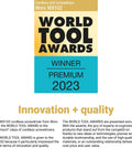 Worx WX102 Cordless Drill Screwdriver World Tool Awards Winner Premium 2023 badge showcasing innovation and quality.