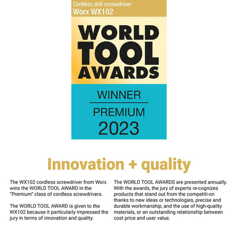 Worx WX102 Cordless Drill Screwdriver World Tool Awards Winner Premium 2023 badge showcasing innovation and quality.