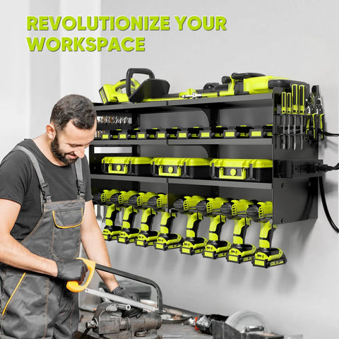 Rugged Power Tool Organizer Wall Mount With Charging Station, 4 Layer Heavy Duty Metal Tool Rack Holds 600 Lbs installed in garage