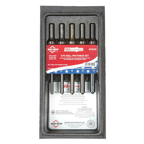 Pneumatic Roll Pin Punch Set 5 Piece For Driving And Removing Hollow Roll Pins Parker Shanks Hardened Tool Steel USA Made Pro Grade Heavy Duty