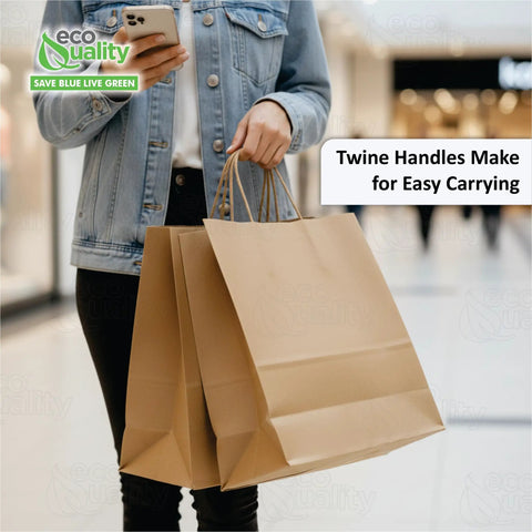 Person holding large brown paper bags with handles, 14x8x16 inches, suitable for bulk takeout, grocery, and gift purposes.