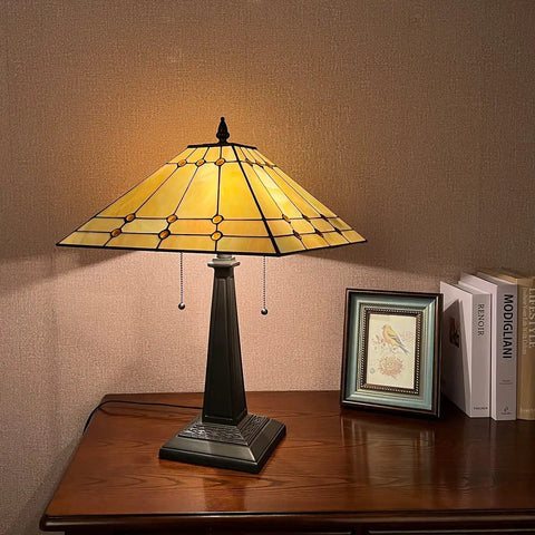 Cream Tiffany Style Stained Glass Table Lamp 24 Inch Tall With 16 Inch Square Shade Handmade Mission Glass Desk Light