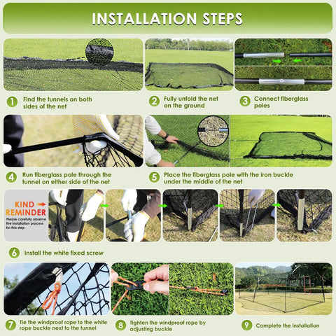 Installation steps for Backyard Baseball Batting Cage Kit 22 Ft By 12 Ft By 8 Ft Frame With 5 Ply 1000D High Strength Net