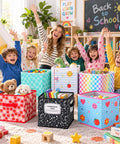 6 Piece Slick Fabric Storage Bins 11 Inch Vibrant Cubby Basket Organizers With Grippy Handles For Classrooms And Nurseries in use with kids