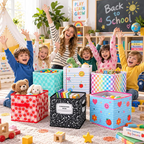 6 Piece Slick Fabric Storage Bins 11 Inch Vibrant Cubby Basket Organizers With Grippy Handles For Classrooms And Nurseries in use with kids