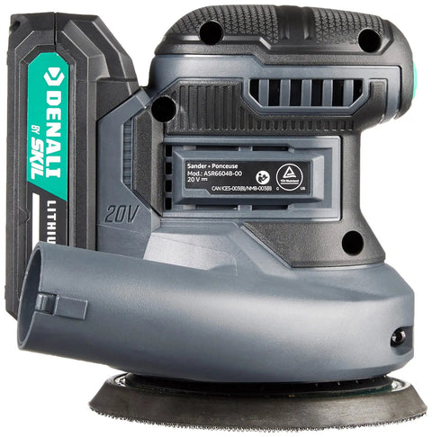 Side view of 20V Cordless Random Orbital Sander Kit with 2.0Ah Battery and 2.4A Charger, showcasing design and compatibility.