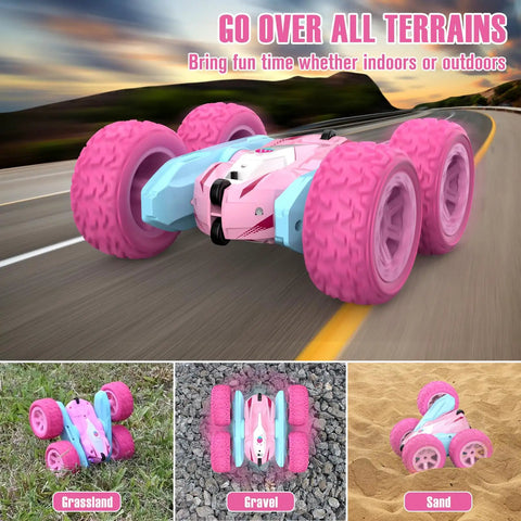 Pink Remote Control Car For Girls, shown on various terrains including grassland, gravel, and sand, with bright pink wheels.
