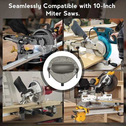 Heavy Duty Miter Saw Dust Collection Hood With LED Light Durable Gray Oxford Fabric Table Saw Dust Collector With Storage Bag Fits 10 Inch And 12 Inch Saws Ideal For Garage And Workshop Use installed on miter saws.