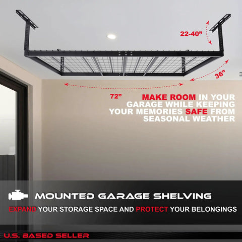 Overhead Garage Storage Rack Ceiling Mounted For Quick Space Saving Organization Of Tools Totes And Gear Durable Steel Construction