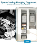 Versatile Six Shelf Hanging Closet Organizer With Split Shelf Design And Three Removable Drawers For Ultimate Flexibility Plus Four Mesh Storage Pockets visualization showing organized space.