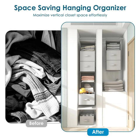 Versatile Six Shelf Hanging Closet Organizer With Split Shelf Design And Three Removable Drawers For Ultimate Flexibility Plus Four Mesh Storage Pockets visualization showing organized space.