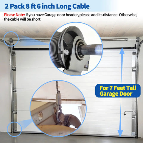 Heavy Duty 8 Ft 6 In Garage Door Cables For 7 Ft Doors, Torsion Spring Replacement Drums, close-up on door system and cables