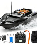 RC Fishing Bait Boat With GPS Positioning, black, with remote control, battery, charger, USB cable, bag, and bait load visible.