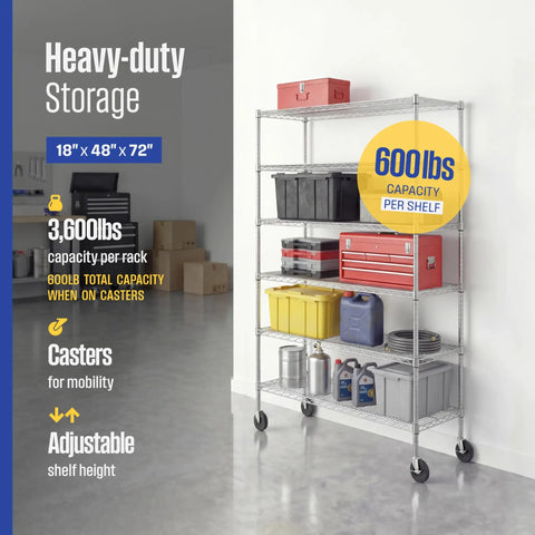 Shop Ready NSF Certified Six Tier Steel Wire Shelving Rack With Solid Locking Casters, Perfect For Garage Refresh And Heavy Duty Commercial Storage, Stands Over Six Feet Tall