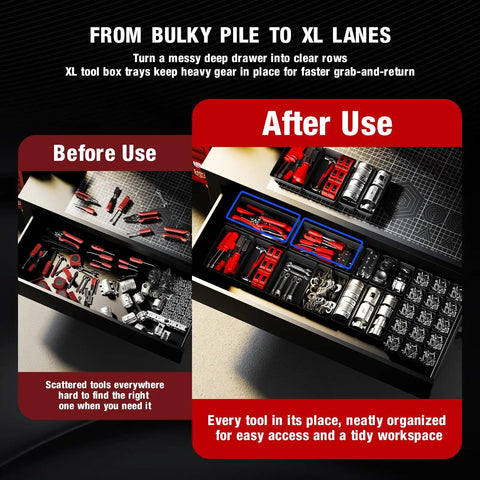 Heavy-Duty 6 XL Tool Box Drawer Organizer Trays With Non-Slip Pads in tool chest before and after organization view