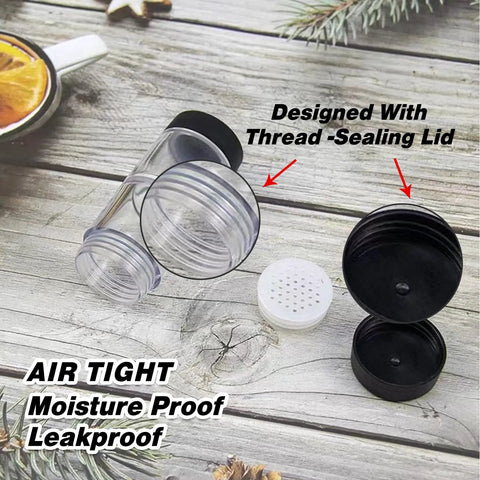 Moisture Proof Salt And Pepper Shaker Set With Airtight Lid on wooden table, showing thread-sealing lid and clear compartments