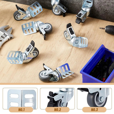 Heavy Duty Storage Rack Caster Wheels Badass 2 Inch Rollers With Secure Top Brakes Fits Boltless Shelving Units, top-down view.