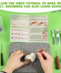 Hands using Dope Pro Grade Needle Felting Kit With 90 Felting Needles, 8x10 Large Mat, Wood Handle Sets, and tools on green surface