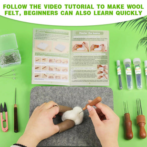 Hands using Dope Pro Grade Needle Felting Kit With 90 Felting Needles, 8x10 Large Mat, Wood Handle Sets, and tools on green surface