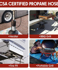 12 Foot Propane Quick Connect Hose For RV And Outdoor Grill Works With One Pound Disposable Cylinders And Portable Appliances in various setups including heater, BBQ grill, fire pit, and portable grill connection.