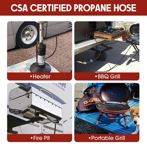 12 Foot Propane Quick Connect Hose For RV And Outdoor Grill Works With One Pound Disposable Cylinders And Portable Appliances in various setups including heater, BBQ grill, fire pit, and portable grill connection.