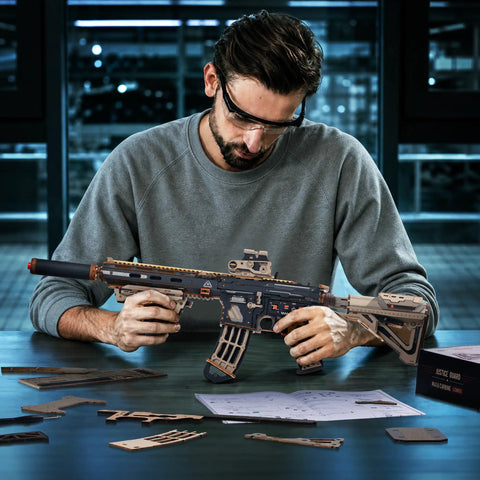 3D Puzzle For Adults M416 Replica Wooden Mechanical Puzzle Model For Home Decor Desk Ornament Gift For Teens 14 Plus And Adults With Precise Fit Pieces That Click Into Place And A Dope Desk Showpiece For Collectors. man assembling wooden M416 replica rifle puzzle at desk