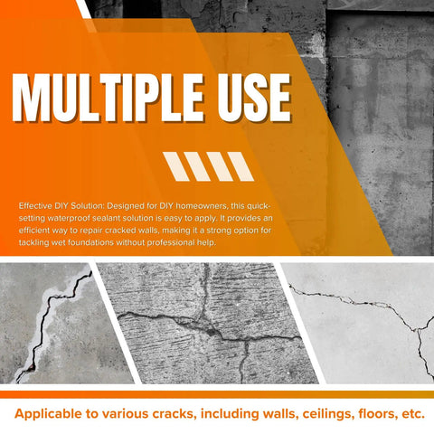 Multiple images showcasing cracked concrete walls illustrating use of Automatic Injector Concrete Foundation Crack Repair Kit For Foundations And Walls, High Performance Waterproof Sealant That Stops Water Leaks And Radon Gas, No Drill Quick Setting Filler For Long Lasting Crack Repair.