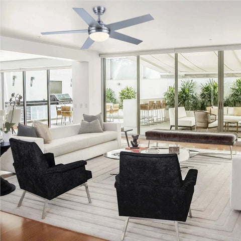 52 Inch Ceiling Fan With Lights Dope Modern Brushed Nickel Indoor Fan in stylish living room with black chairs and glass shade