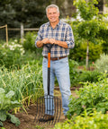 Man holding Heavy Duty Garden Pitch Fork With 10 Tines And Wide Head 45 Inch Fiberglass Handle Durable Bedding Fork for garden work