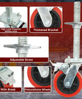 Tough As Nails 6 Inch Scaffolding Caster Wheels With Reliable Brake And Easy Adjustable Leveling Jacks, showcasing adjustable screw and polyurethane wheels.